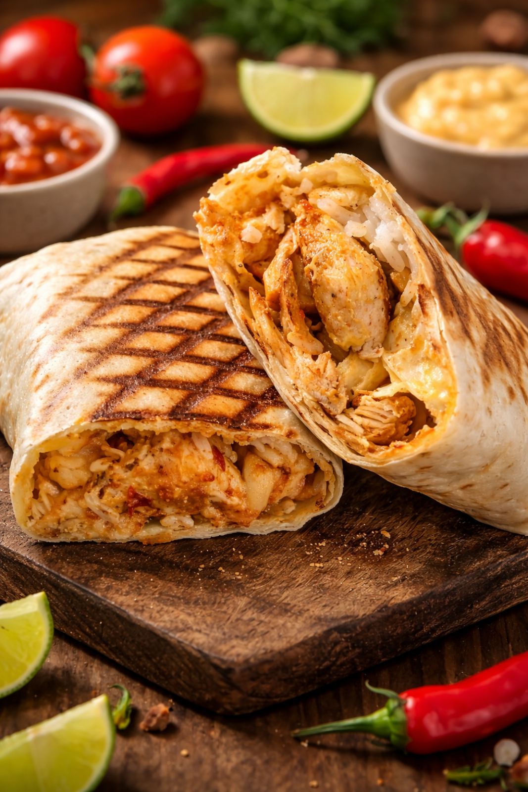 Pileći burito presečen na pola sa tortilja čipsom