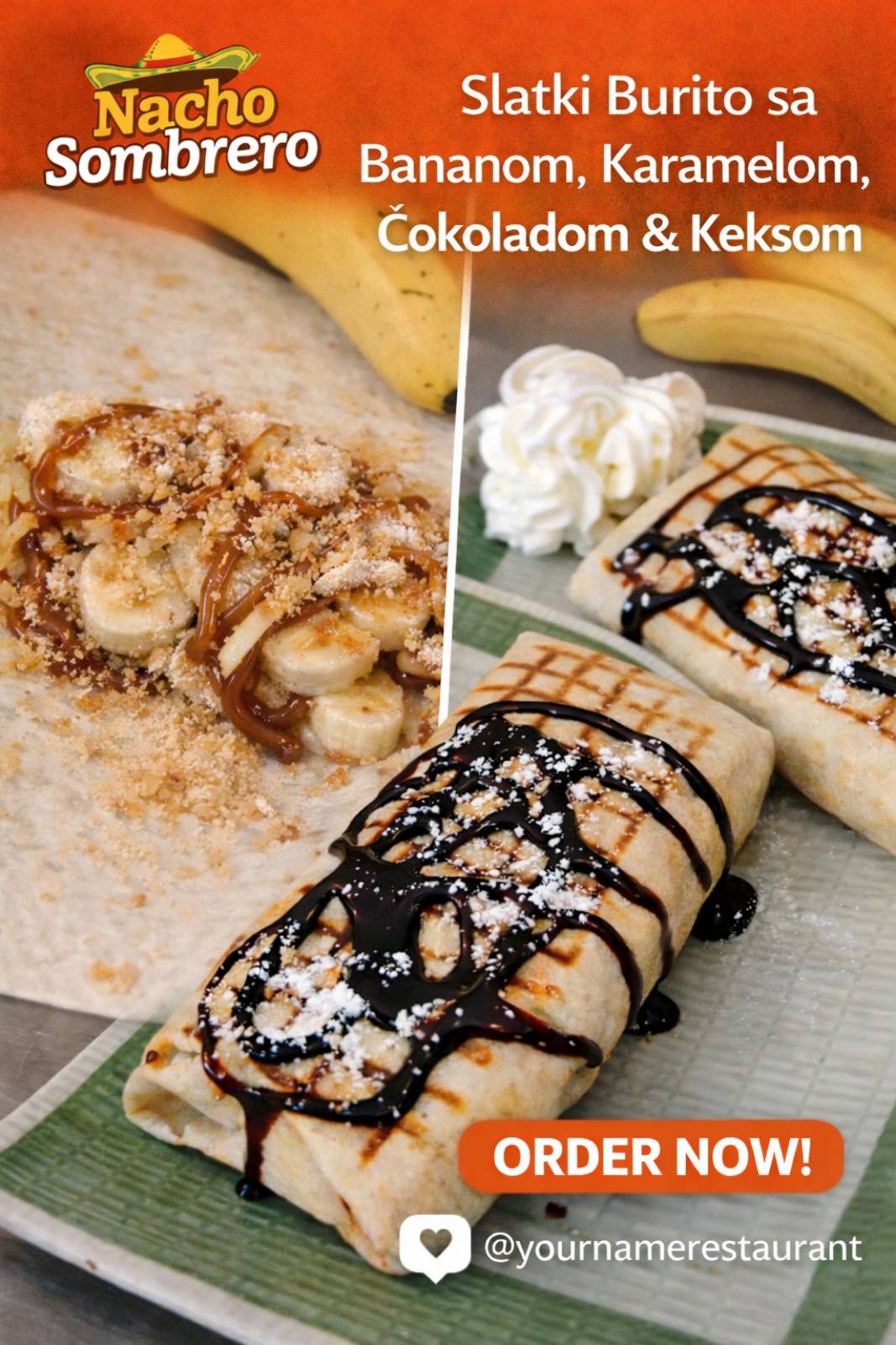 Slatki burito sa bananom, karamelom i čokoladom
